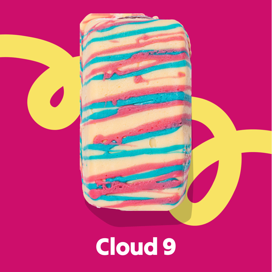 Top image fudge slab of the Cloud 9 flavour in the Overstuffed collection