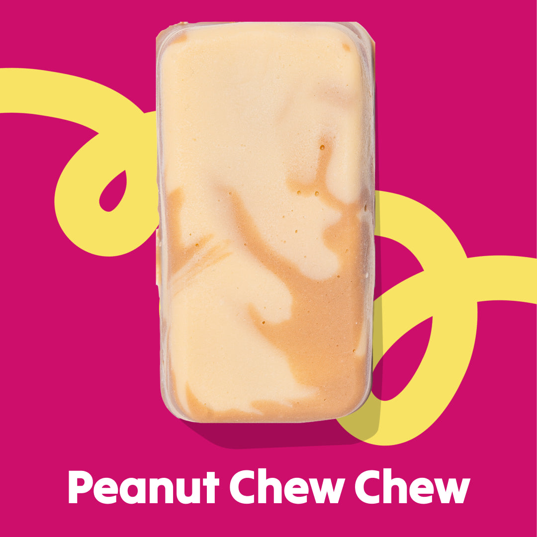 Top image fudge slab of the Peanut Chew Chew flavour in the Overstuffed collection