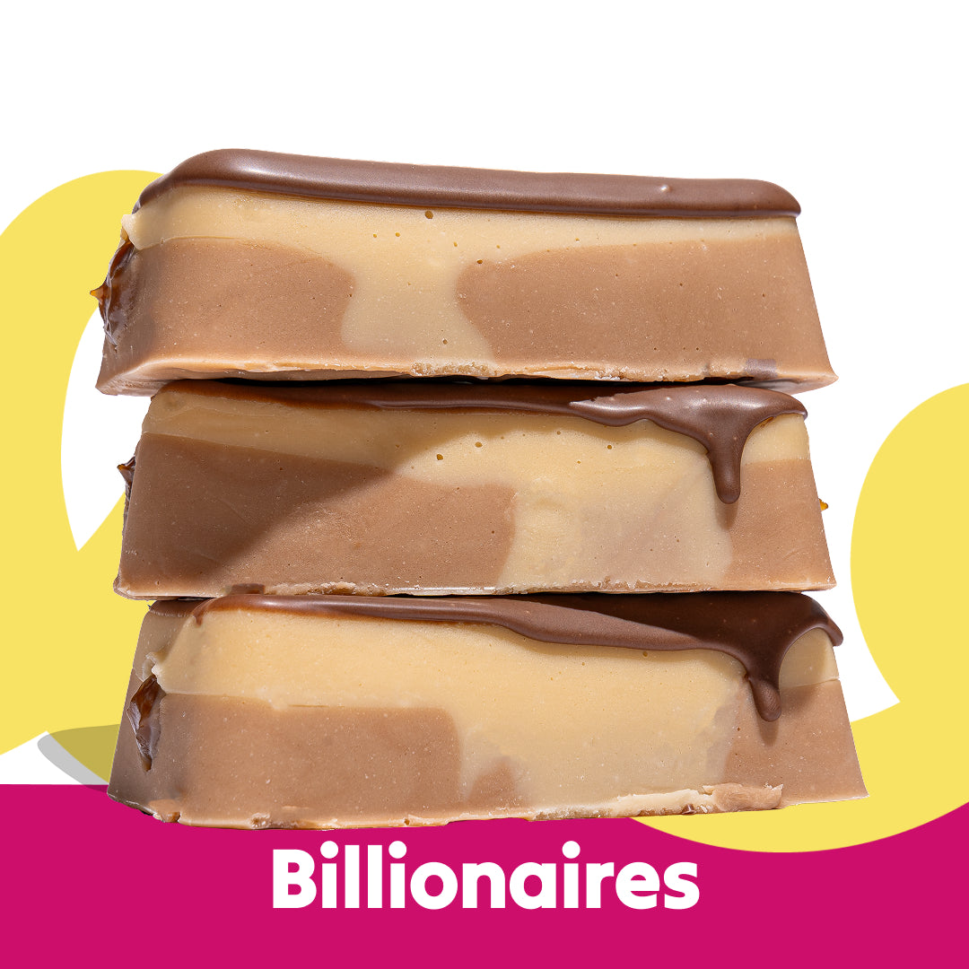 Stacked image of the Billionaires flavour Overstuffed fudge slabs