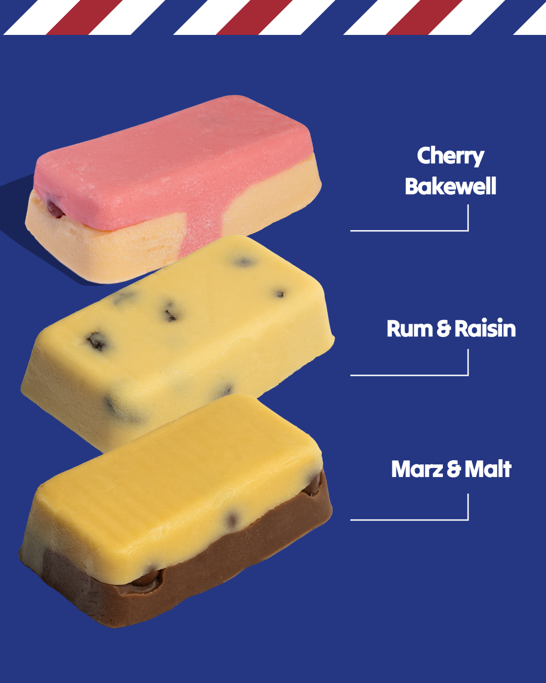 Three different flavors of candy bars on a blue background with text labels.