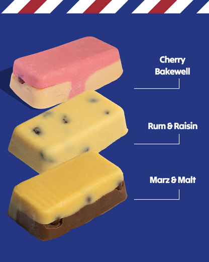 Three different flavors of candy bars on a blue background with text labels.