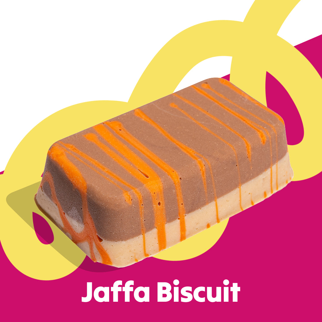 Single fudge slab image of the Jaffa Biscuit flavour in the Overstuffed collection