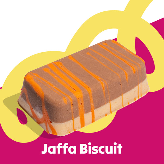 Single fudge slab image of the Jaffa Biscuit flavour in the Overstuffed collection