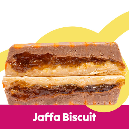 Cut stack image of the Jaffa Biscuit flavour Overstuffed fudge slabs