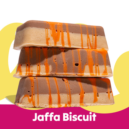 Stacked image of the Jaffa Biscuit flavour Overstuffed fudge slabs