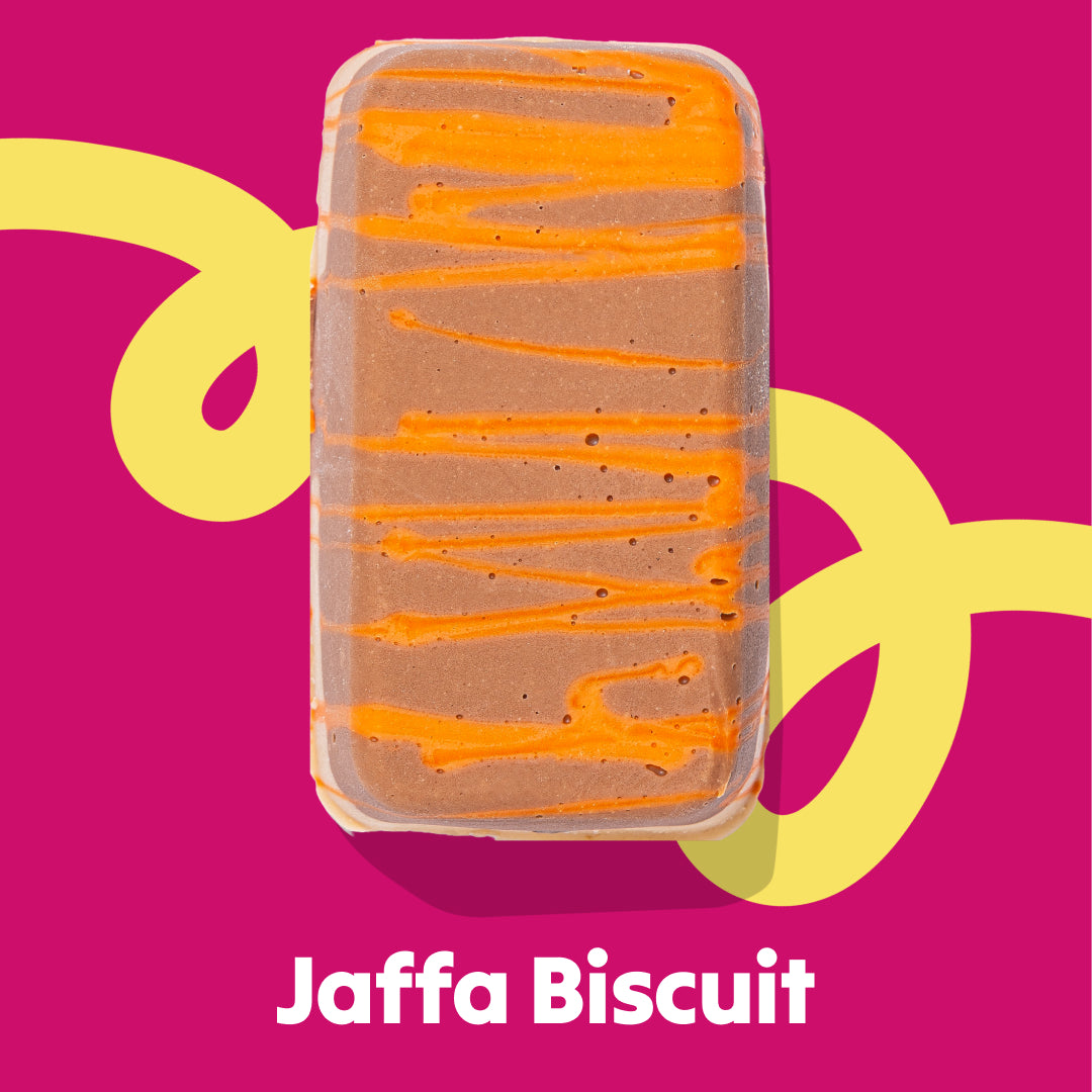 Top image fudge slab of the Jaffa Biscuit flavour in the Overstuffed collection