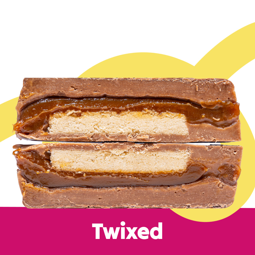Cut stack image of the Twixed flavour Overstuffed fudge slabs